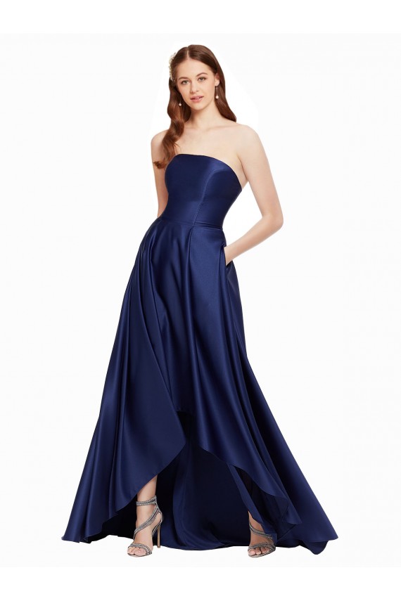 Discount Low Back Strapless Satin Dark Navy Long Evening Dresses UK