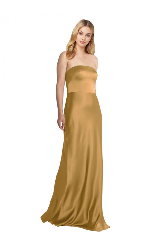 Discount Strapless Stretch Satin Gold Long Wedding Party Dress UK