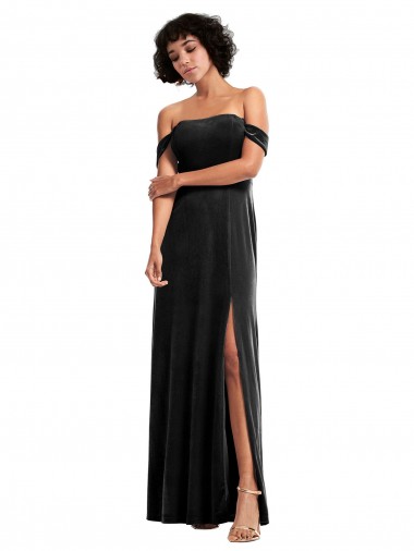 Discount Off the Shoulder Stretch Velvet Black Sleeveless Long Evening Dress UK