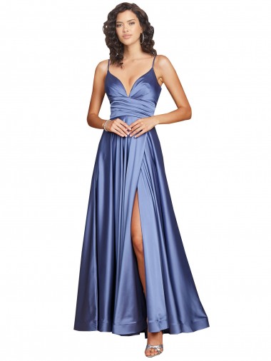 Discount Low Back Spaghetti Straps Silky Satin French Blue Long Sexy Evening Dress UK