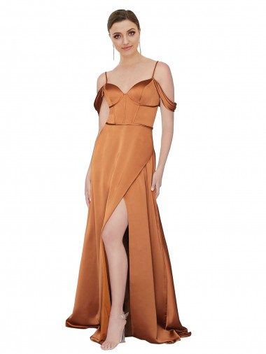 Discount Low Back Spaghetti Straps Silky Satin Orange Long Evening Dress UK