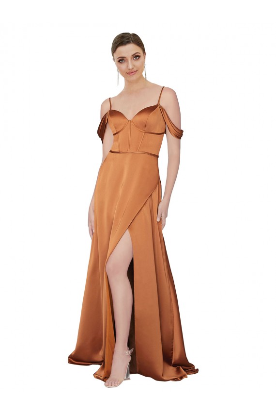 Discount Low Back Spaghetti Straps Silky Satin Orange Long Evening Dress UK
