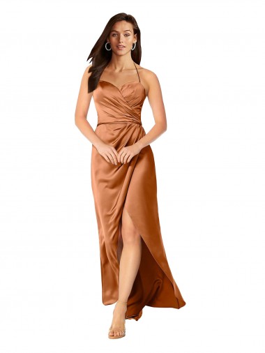 Discount Low Back Spaghetti Straps Silky Satin Orange Sleeveless Long Evening Dress UK