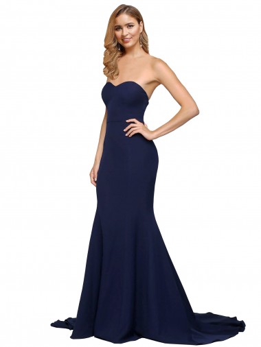 Discount Low Back Sweetheart Stretch Crepe Dark Navy Sweep Train Wedding Party Dress UK