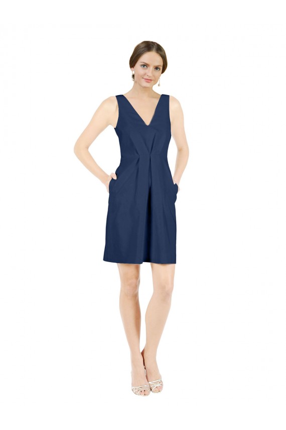 Discount Open Back V-Neck Satin Dark Navy Knee Length Evening Dress UK