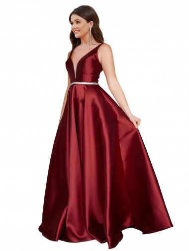 Discount V-Back V-Neck Satin Burgundy Long Plus Size Evening Dress UK