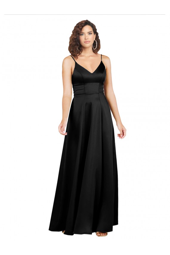Discount V-Back V-Neck Silky Satin Black Long Evening Gown UK