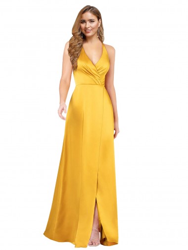 Discount Open Back V-Neck Silky Satin Long Evening Dress UK