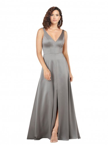Discount V-Neck Silky Satin Pearl Grey Long Evening Dress UK