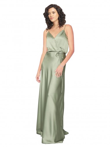 Discount V-Back V-Neck Silky Satin Smoke Green Long Evening Dress UK