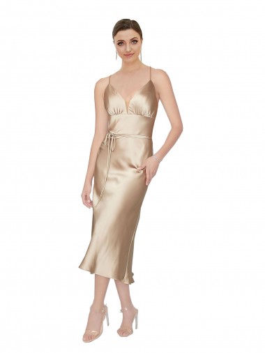 Discount V-Neck Silky Satin Midi Length Evening Dress UK