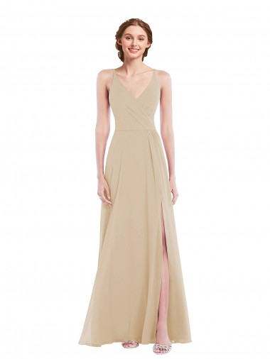 Discount Open Back V-Neck Soft Chiffon Champagne Long Maxi Evening Dress UK