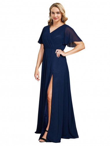 Discount V-Neck Soft Chiffon Dark Navy Long Plus Size Evening Dress UK