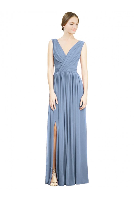 Discount V-Neck Soft Chiffon Dusty Blue Long Maxi Evening Dress UK