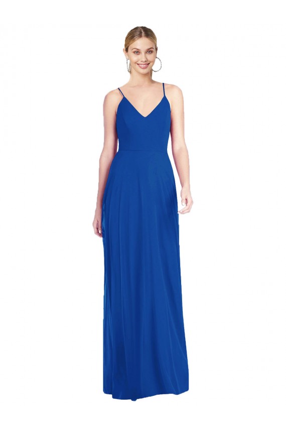Discount Open Back Spaghetti Straps Soft Chiffon Royal Blue Long Maxi Evening Dress UK
