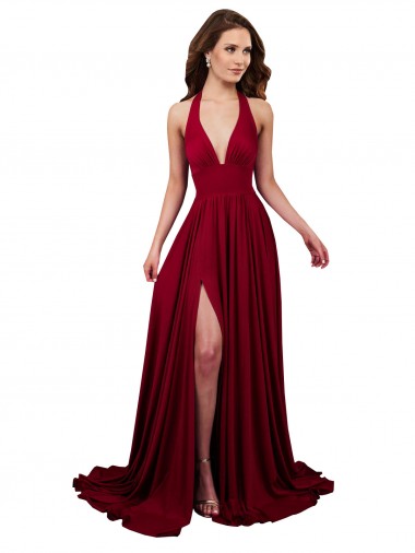 Discount Open Back Halter Neck Spandex Burgundy Sleeveless Long Sexy Evening Dress UK