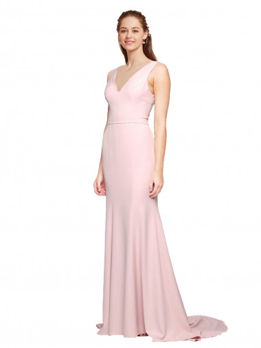 Discount V-Back V-Neck Stretch Crepe Pink Sweep Train Semi Formal Evening Dress UK
