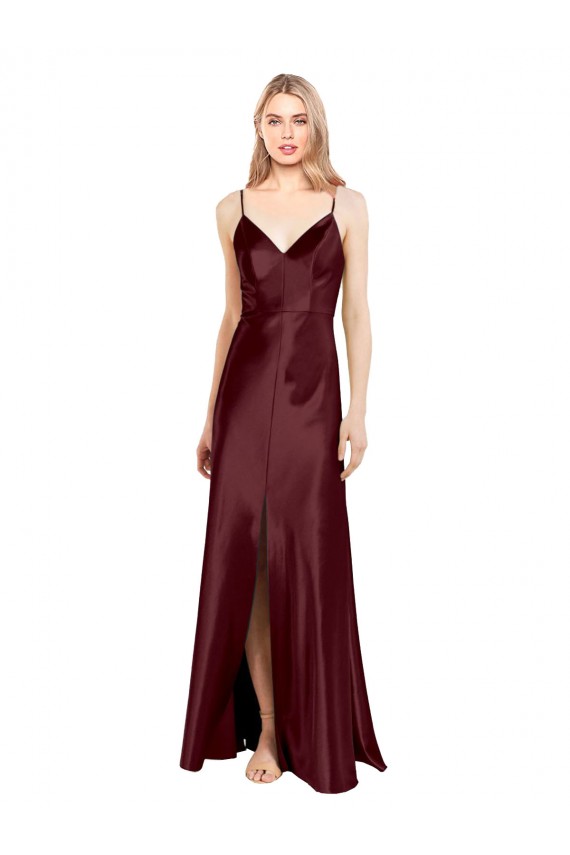 Discount Spaghetti Straps Stretch Satin Burgundy Gold Long Evening Dresses UK