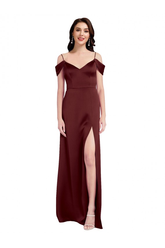 Discount Off the Shoulder Stretch Satin Burgundy Gold Long Wedding Party Dress UK