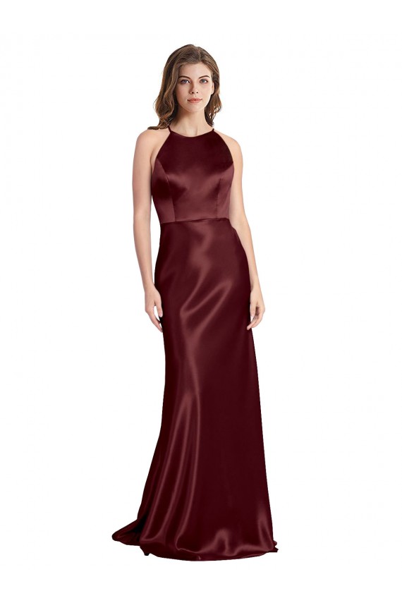 Discount Spaghetti Straps Stretch Satin Burgundy Gold Long Evening Dress UK