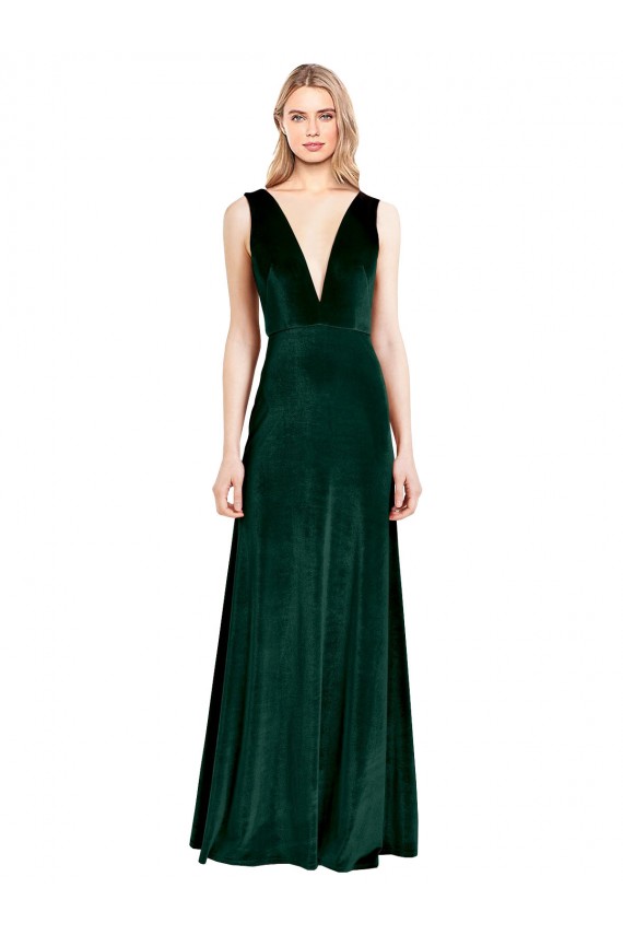 Discount V-Back V-Neck Stretch Velvet Dark Green Long Wedding Party Dress UK