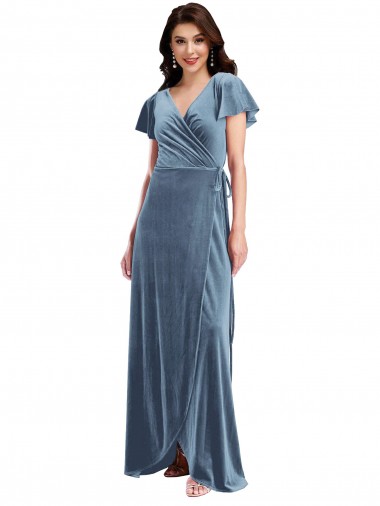 Discount V-Neck Stretch Velvet Dusty Blue Long Maxi Evening Dress UK