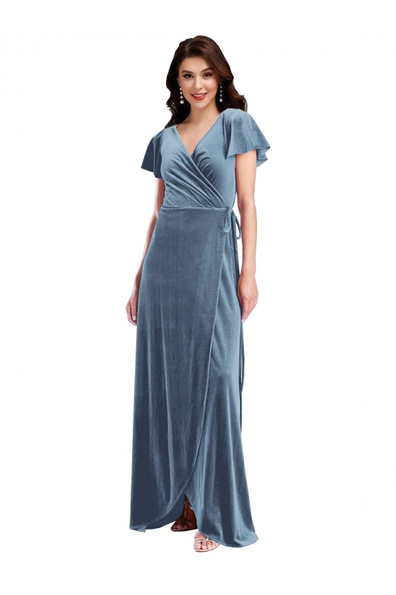 Discount V-Neck Stretch Velvet Dusty Blue Long Maxi Evening Dress UK