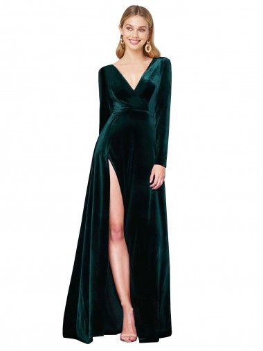 Discount V-Neck Stretch Velvet Dark Green Sweep Train Evening Dress UK