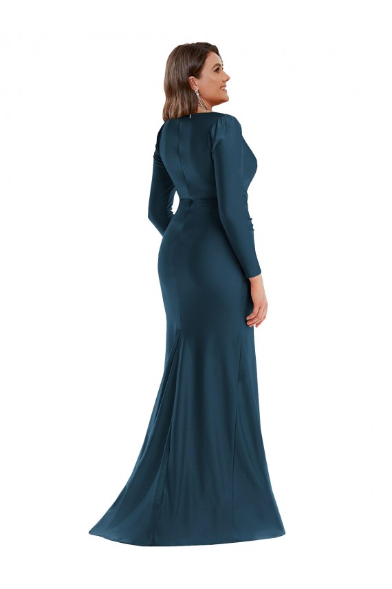 Discount V-Neck Silky Satin Atlantic Blue Long Plus Size Evening Dress UK