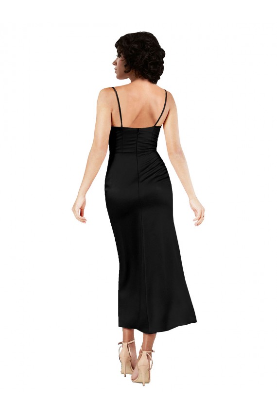 Discount Spaghetti Straps Silky Satin Black Tea Length Wedding Party Dress UK