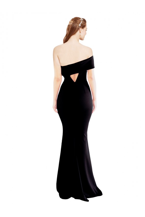 Discount Keyhole Back One Shoulder Stretch Crepe Black Long Evening Dress UK