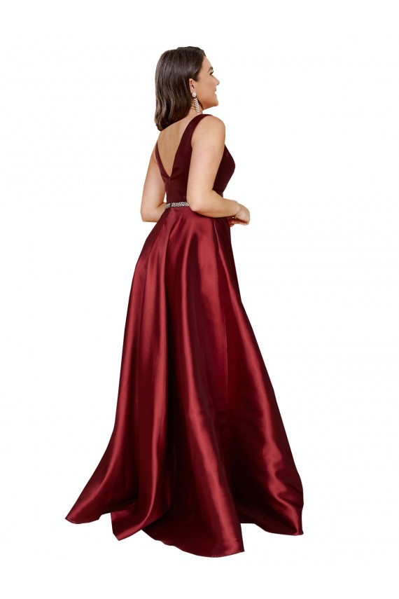 Discount V-Back V-Neck Satin Burgundy Long Plus Size Evening Dress UK
