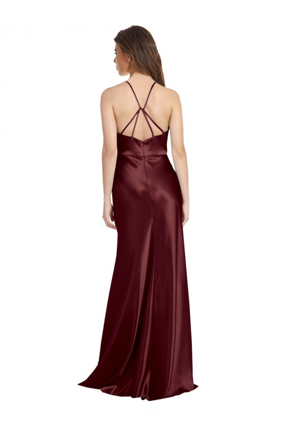 Discount Spaghetti Straps Stretch Satin Burgundy Gold Long Evening Dress UK