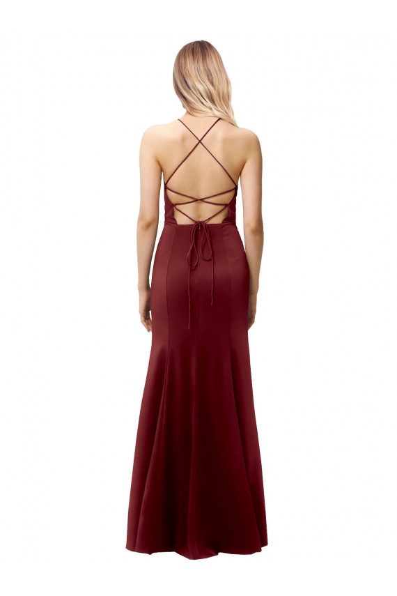 Discount Open Back Halter Neck Stretch Crepe Burgundy Gold Long Wedding Party Dress UK