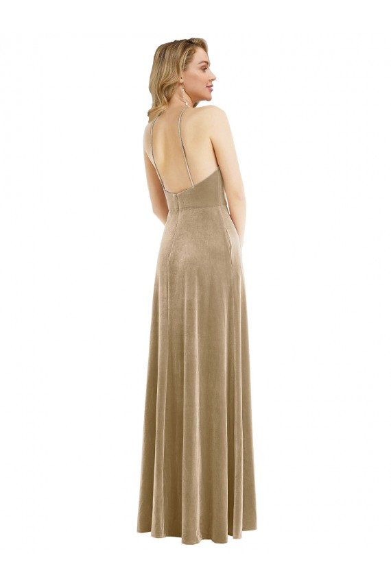 Discount Open Back Halter Neck Stretch Velvet Champagne Long Maxi Evening Dress UK