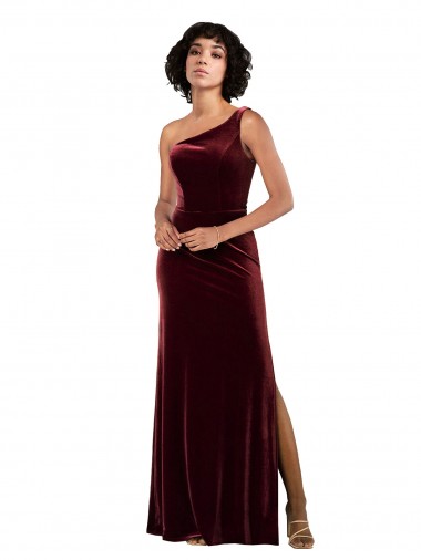 Discount One Shoulder Stretch Velvet Burgundy Long Sexy Evening Dress UK