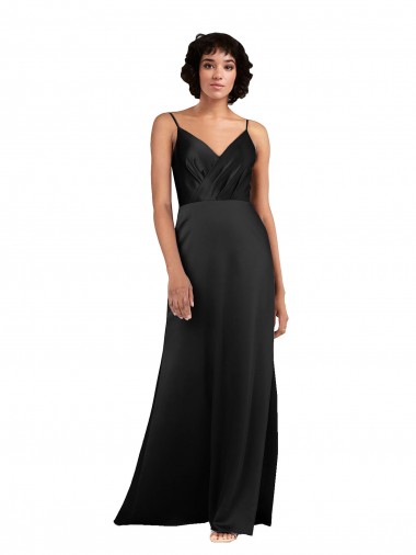 Discount V-Neck Silky Satin Black Long Evening Dress UK