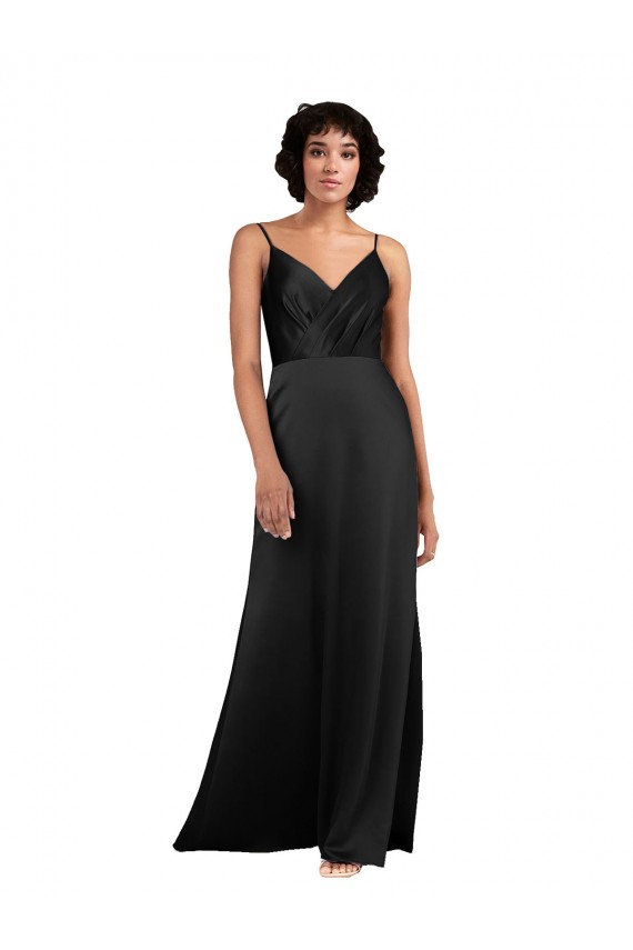 Discount V-Neck Silky Satin Black Long Evening Dress UK