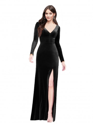 Discount V-Back V-Neck Stretch Velvet Black Long Sleeves Long Evening Dress UK