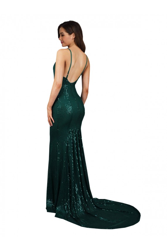 Discount Low Back V-Neck Sequin Dark Green Long Sexy Evening Dress UK