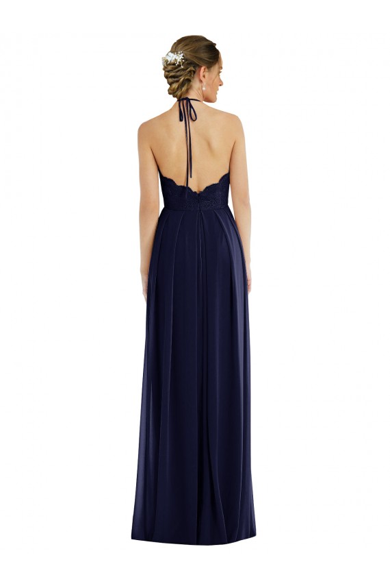 Discount Open Back Halter Neck Soft Chiffon Dark Navy Long Maxi Evening Dress UK
