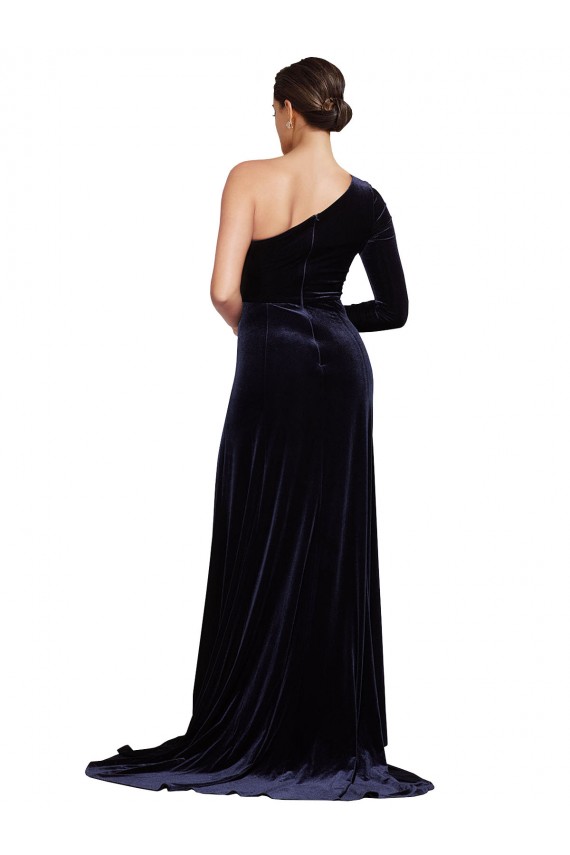 Discount One Shoulder Stretch Velvet Dark Navy Sweep Train Evening Dress UK