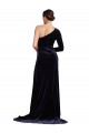 Discount One Shoulder Stretch Velvet Dark Navy Sweep Train Evening Dress UK