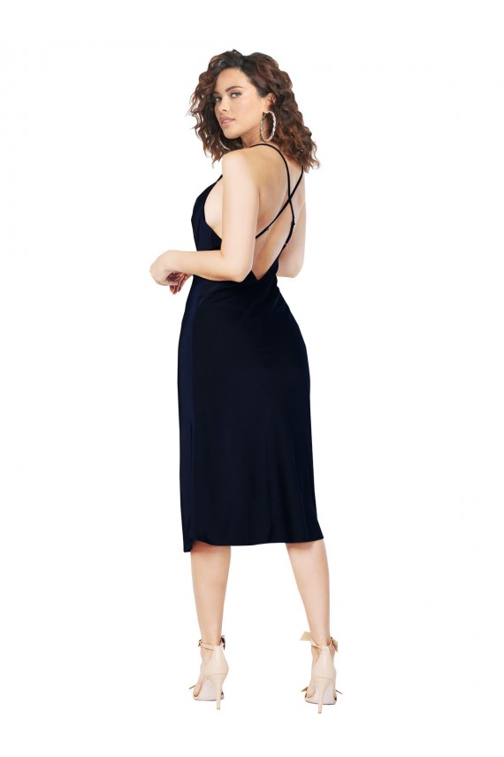 Discount Open Back Spaghetti Straps Silky Satin Dark Navy Midi Length Evening Dress UK