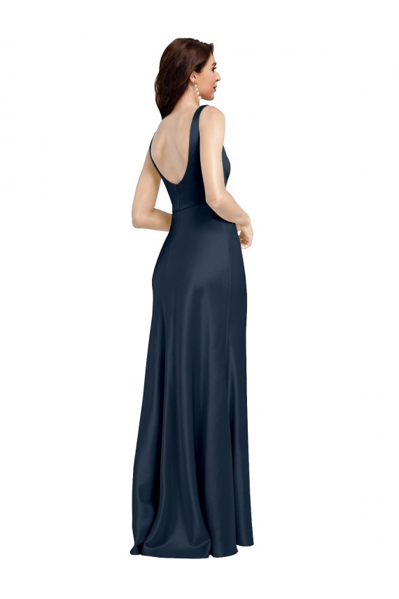 Discount Low Back Square Neck Stretch Satin Dark Navy Long Bridal Party Dress UK