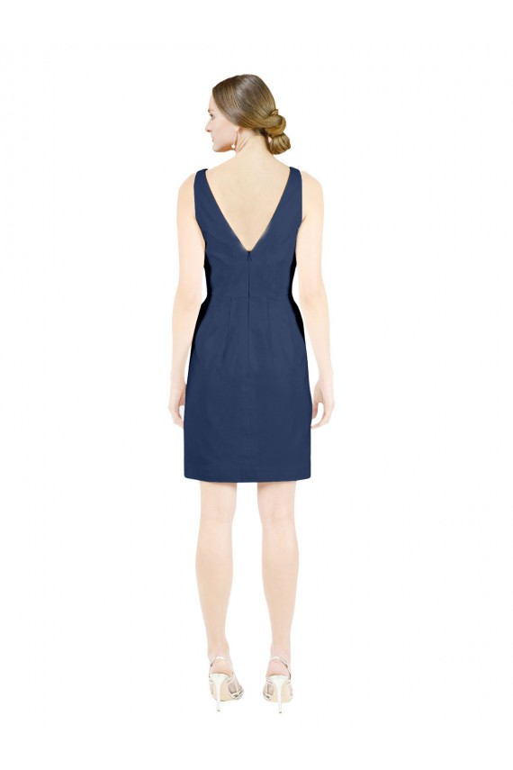 Discount Open Back V-Neck Satin Dark Navy Knee Length Evening Dress UK