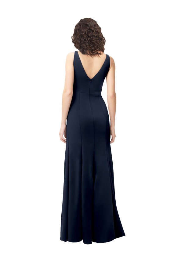 Discount V-Back V-Neck Stretch Crepe Dark Navy Long Evening Dress UK
