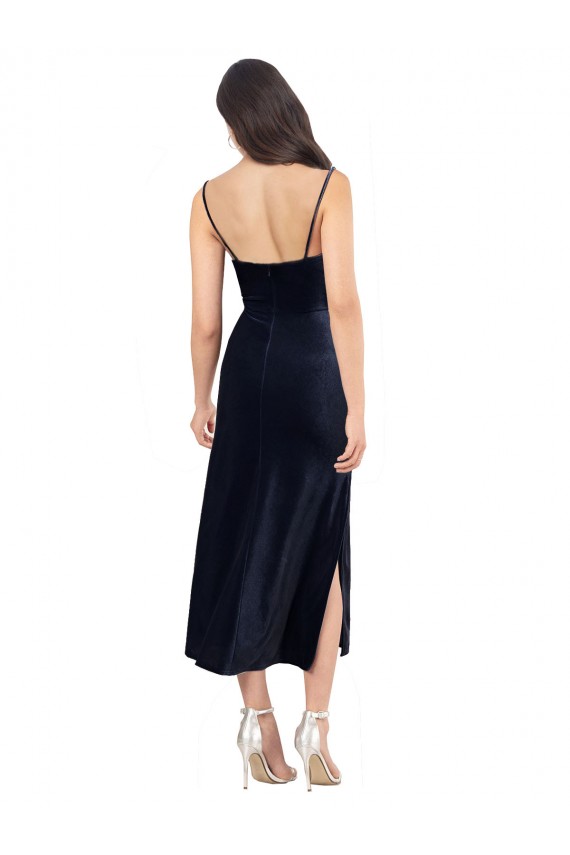 Discount Low Back Cowl Neck Stretch Velvet Dark Navy Midi Length Evening Dress UK