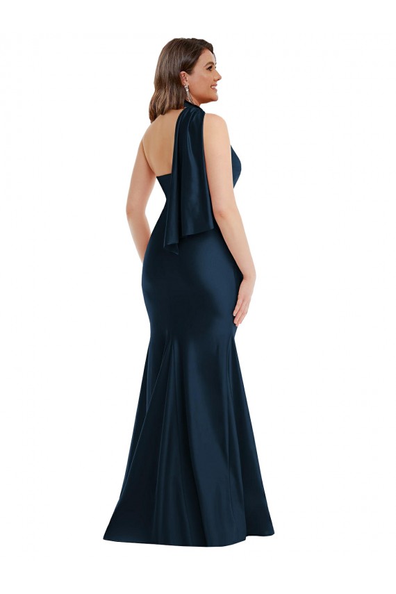 Discount One Shoulder Silky Satin Dark Navy Long Plus Size Evening Dress UK