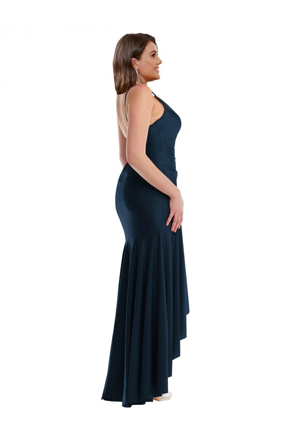 Discount Spaghetti Straps Silky Satin Dark Navy Long Plus Size Wedding Party Dress UK